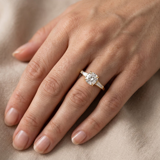 Winnie Three-Stone Cushion Diamond Engagement Ring in Yellow Gold - lifestyle.jpg