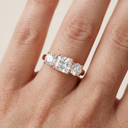 Callie Three-Stone Trellis Radiant Diamond Engagement Ring in Rose Gold - lifestyle.jpg