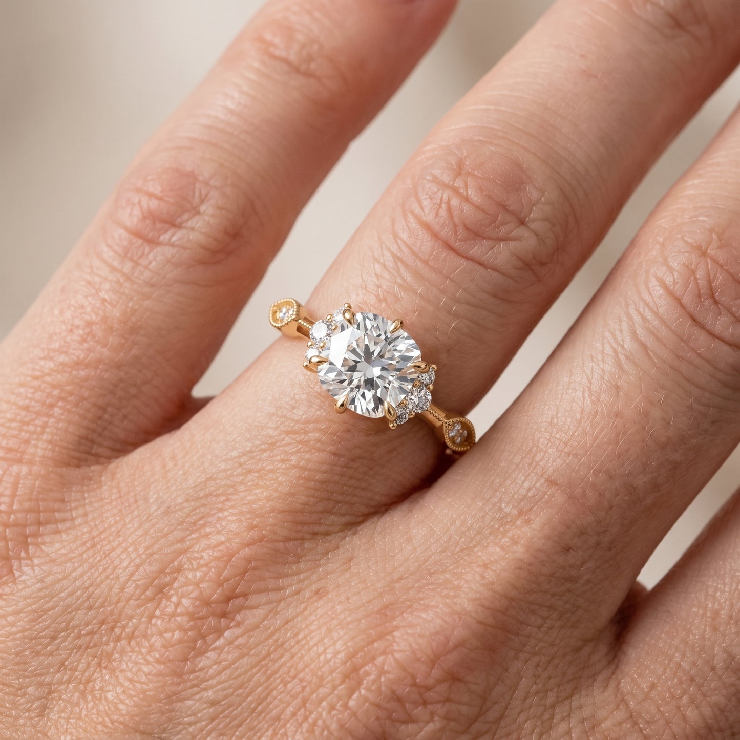 Naomi Vintage Milgrain Cushion Diamond Engagement Ring in Yellow Gold - lifestyle.jpg