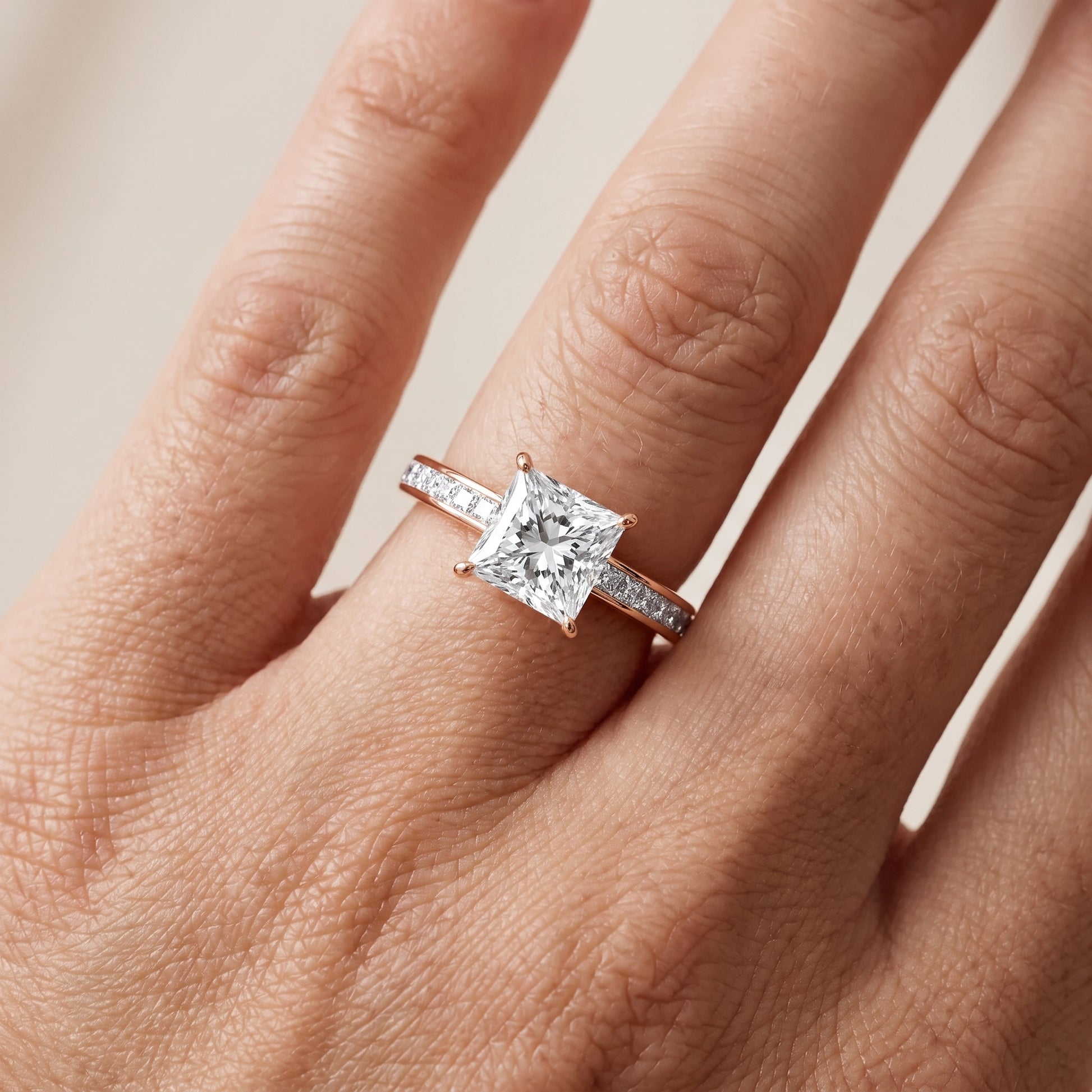 Brielle Channel Set Solitaire Princess Diamond Ring in Rose Gold - lifestyle.jpg