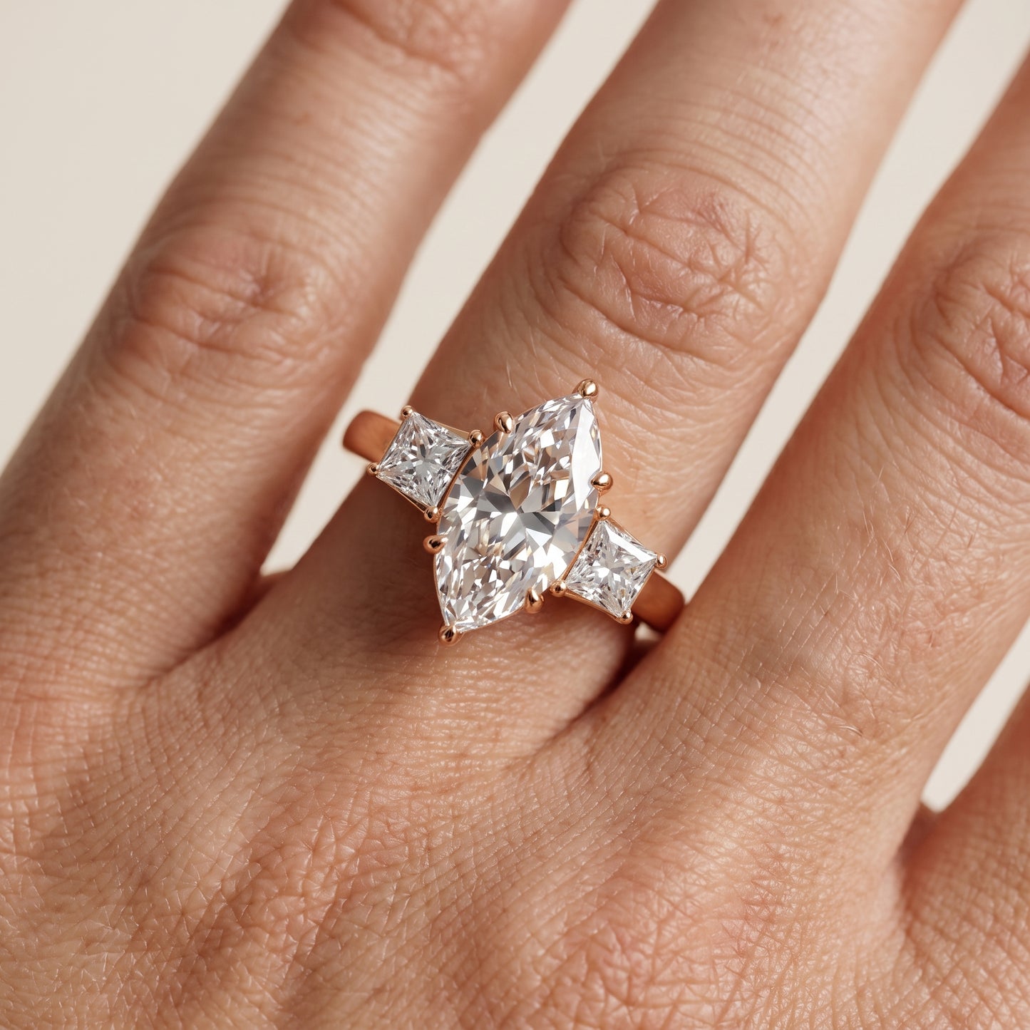 Selena Three-Stone Basket Marquise Diamond Ring in Rose Gold - lifestyle.jpg