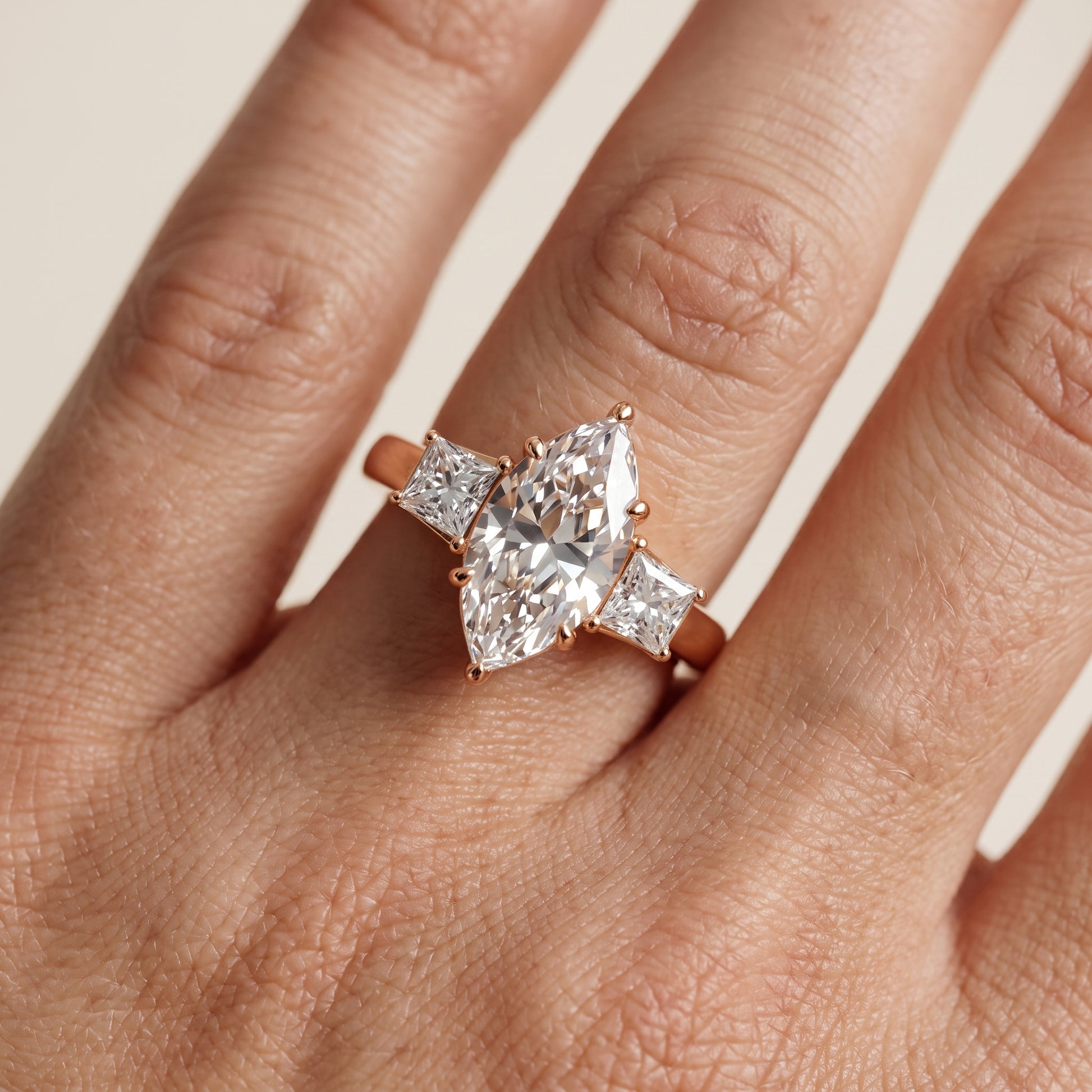 Selena Three-Stone Basket Marquise Diamond Ring in Rose Gold - lifestyle.jpg