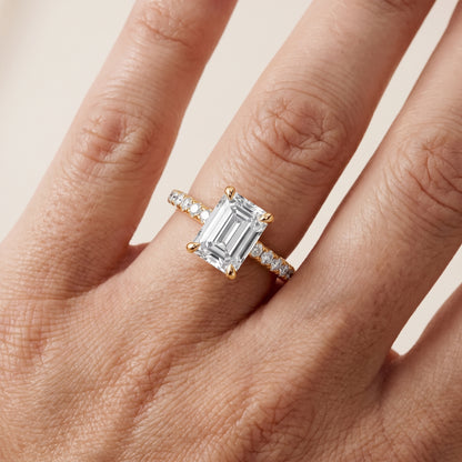 Maya Hidden Halo Pavé Emerald Diamond Engagement Ring in Yellow Gold - lifestyle.jpg