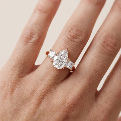 Selena Three-Stone Basket Pear Diamond Ring in Rose Gold - lifestyle.jpg