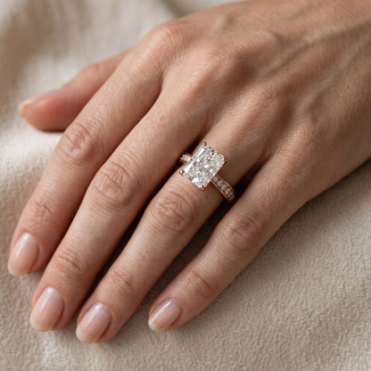 Rhea Sidestone Pavé Radiant Diamond Engagement Ring in Rose Gold - lifestyle.jpg