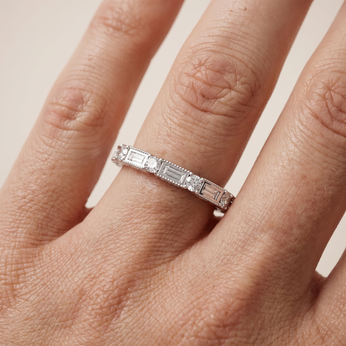 Kyla Milgrain Bezel Baguette & Round Diamond Half Eternity Band in Silver - lifestyle.jpg