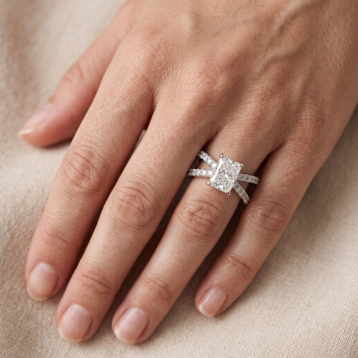 Ilaria Criss Cross Pavé Radiant Diamond Engagement Ring in White Gold - lifestyle.jpg