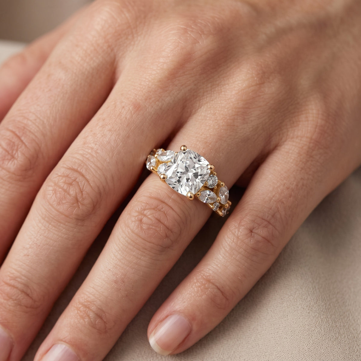 Kelsey Leaf Cluster Cushion Diamond Engagement Ring in Rose Gold - lifestyle.jpg