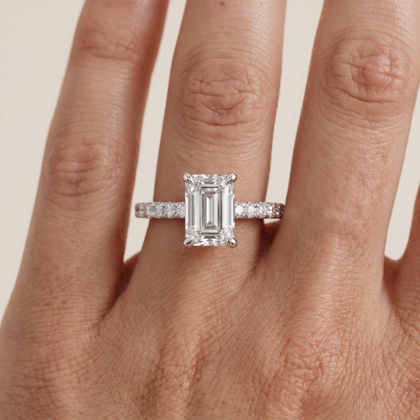 Maya Hidden Halo Pavé Emerald Diamond Engagement Ring in Silver - lifestyle.jpg