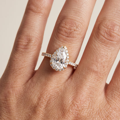 Alma Halo Pavé Pear Diamond Ring in Yellow Gold - lifestyle.jpg