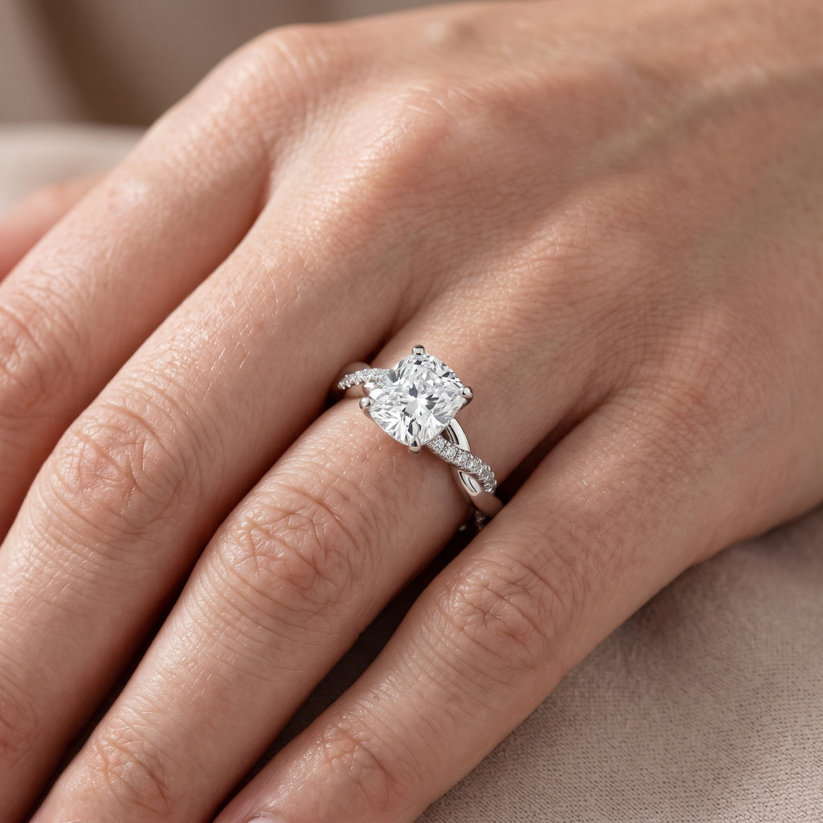 Twisted Side Stone Cushion Diamond Engagement Ring in Platinum - lifestyle.jpg