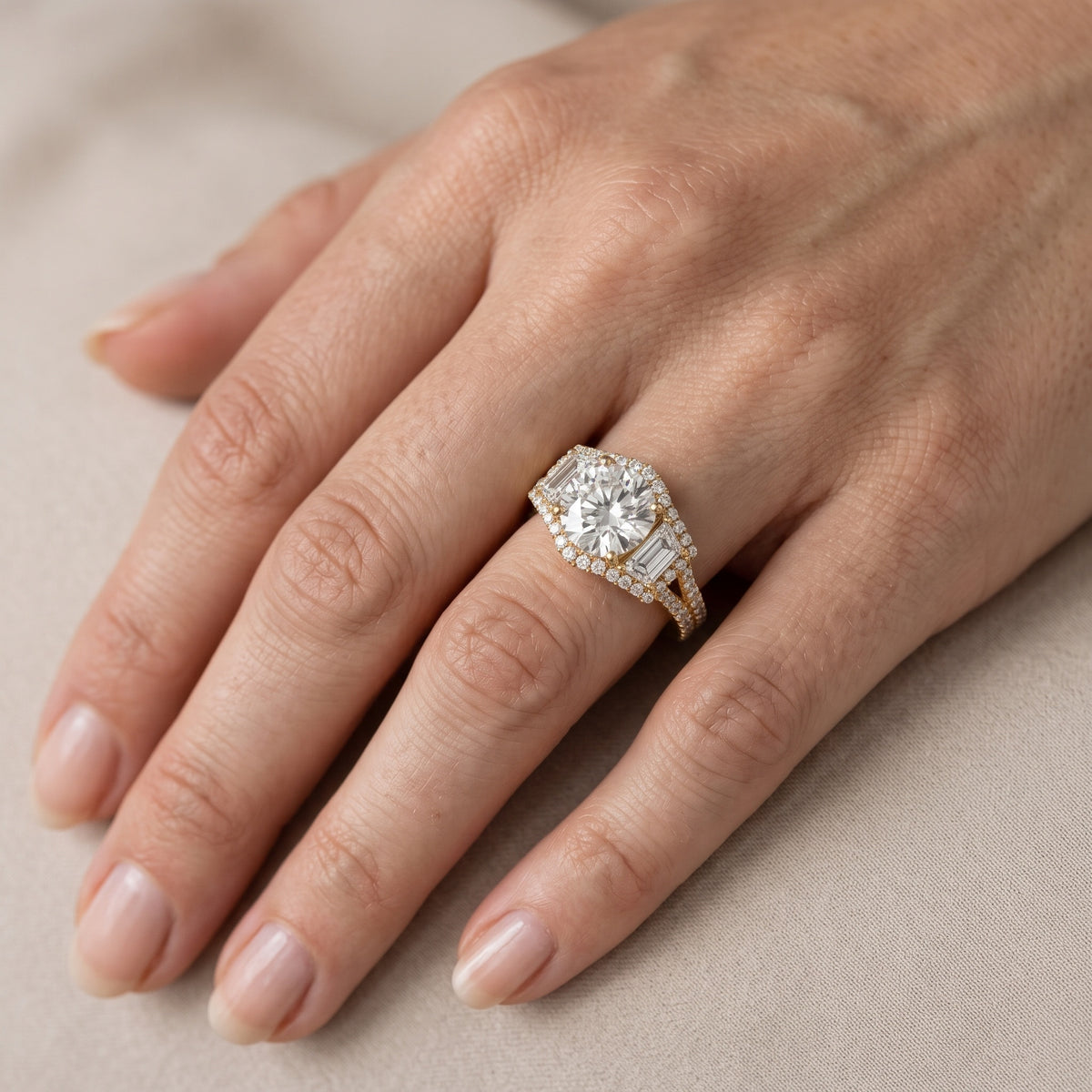 Oakley Three-Stone Split Shank Round Diamond Engagement Ring in Rose Gold - lifestyle.jpg