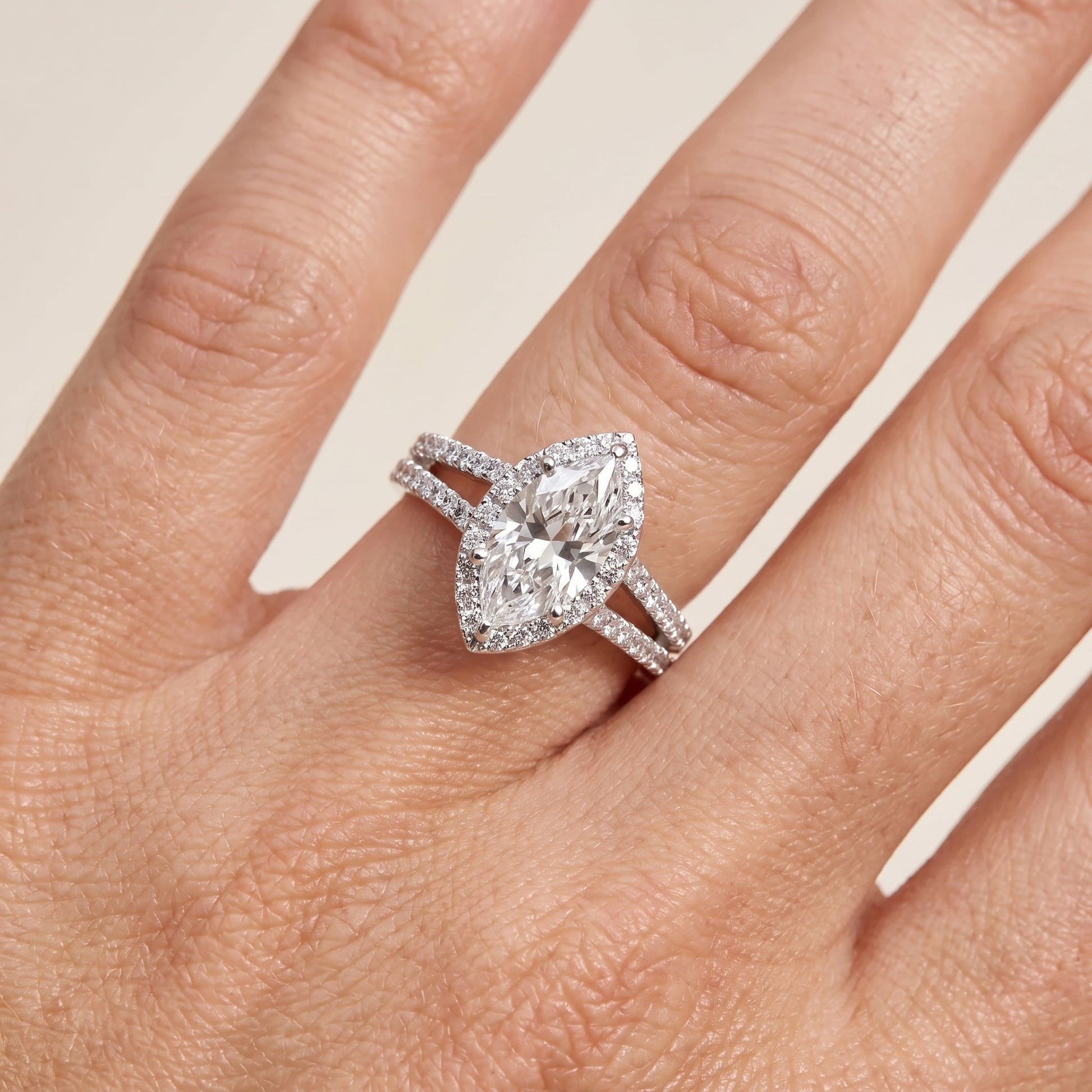 Kira Halo Split Shank Marquise Diamond Engagement Ring in Platinum - lifestyle.jpg