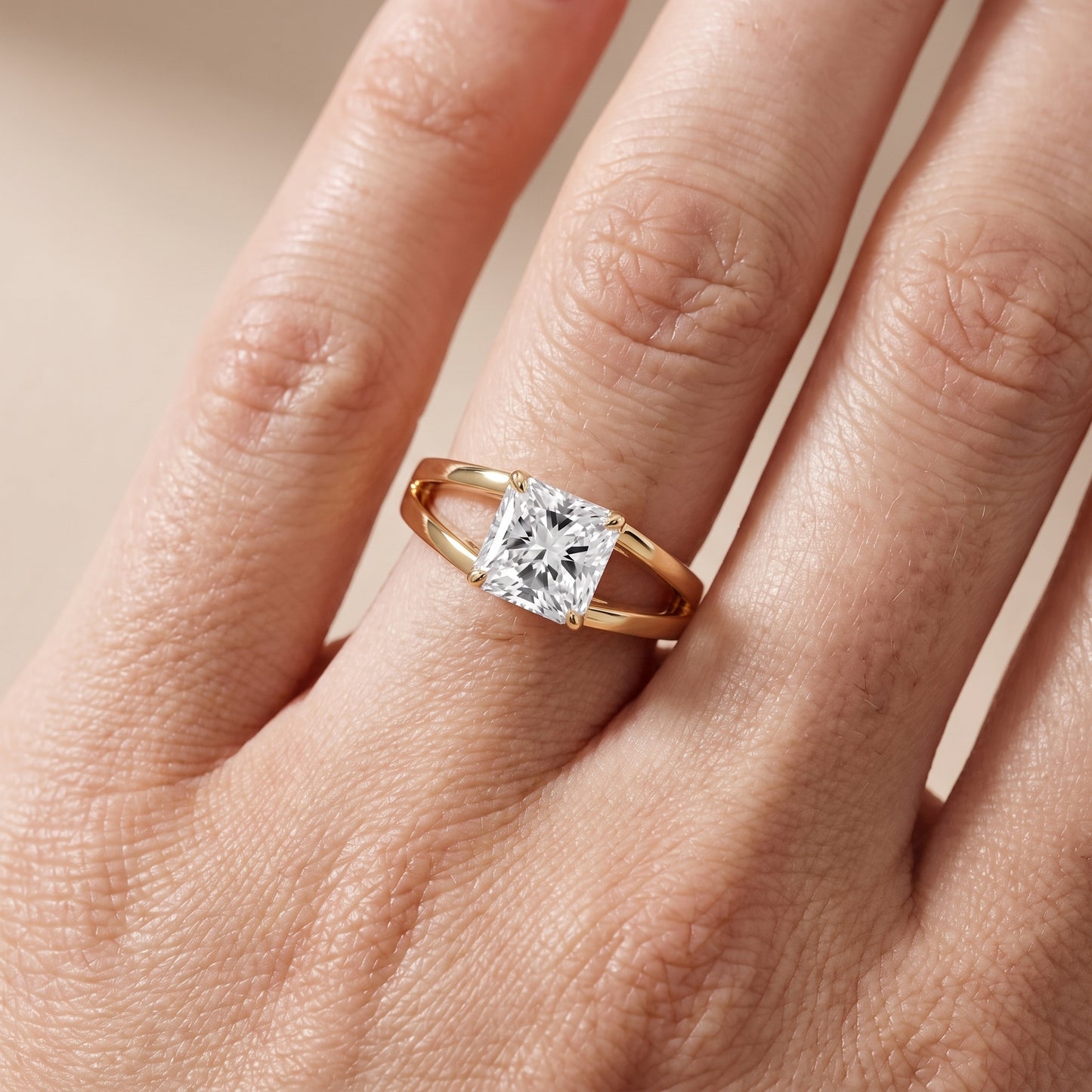 Giselle Solitaire Split Shank Radiant Diamond Engagement Ring in Yellow Gold - lifestyle.jpg