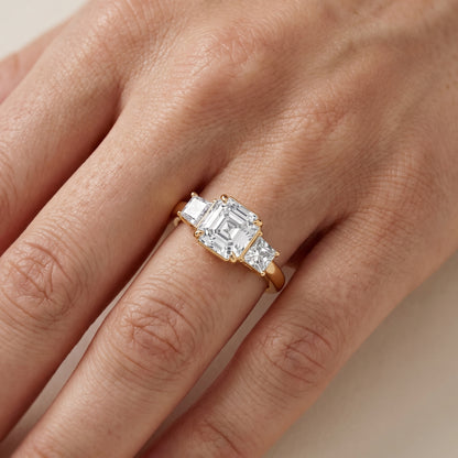 Selena Three-Stone Basket Asscher Diamond Ring in Yellow Gold - lifestyle.jpg