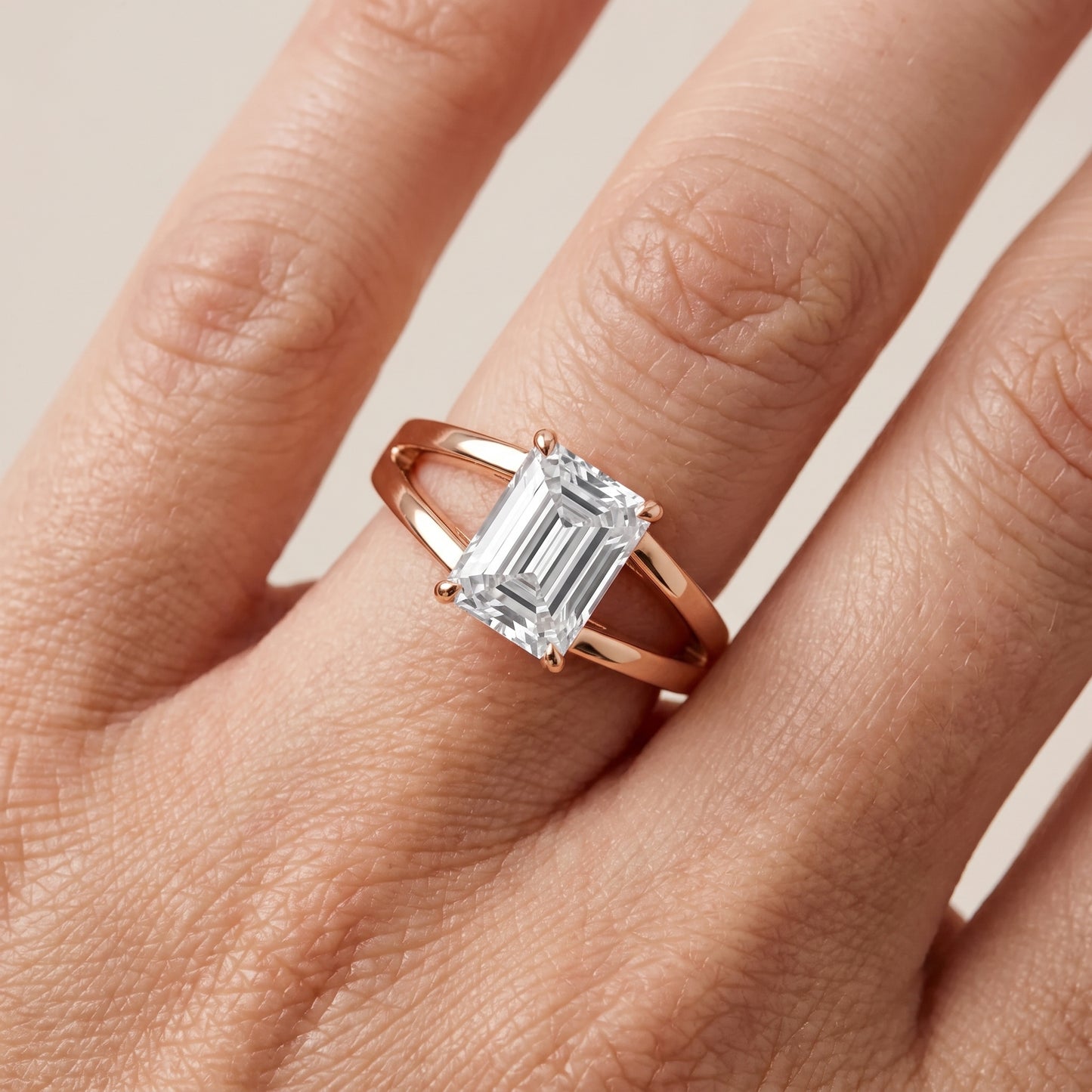 Giselle Solitaire Split Shank Emerald Diamond Engagement Ring in Rose Gold - lifestyle.jpg