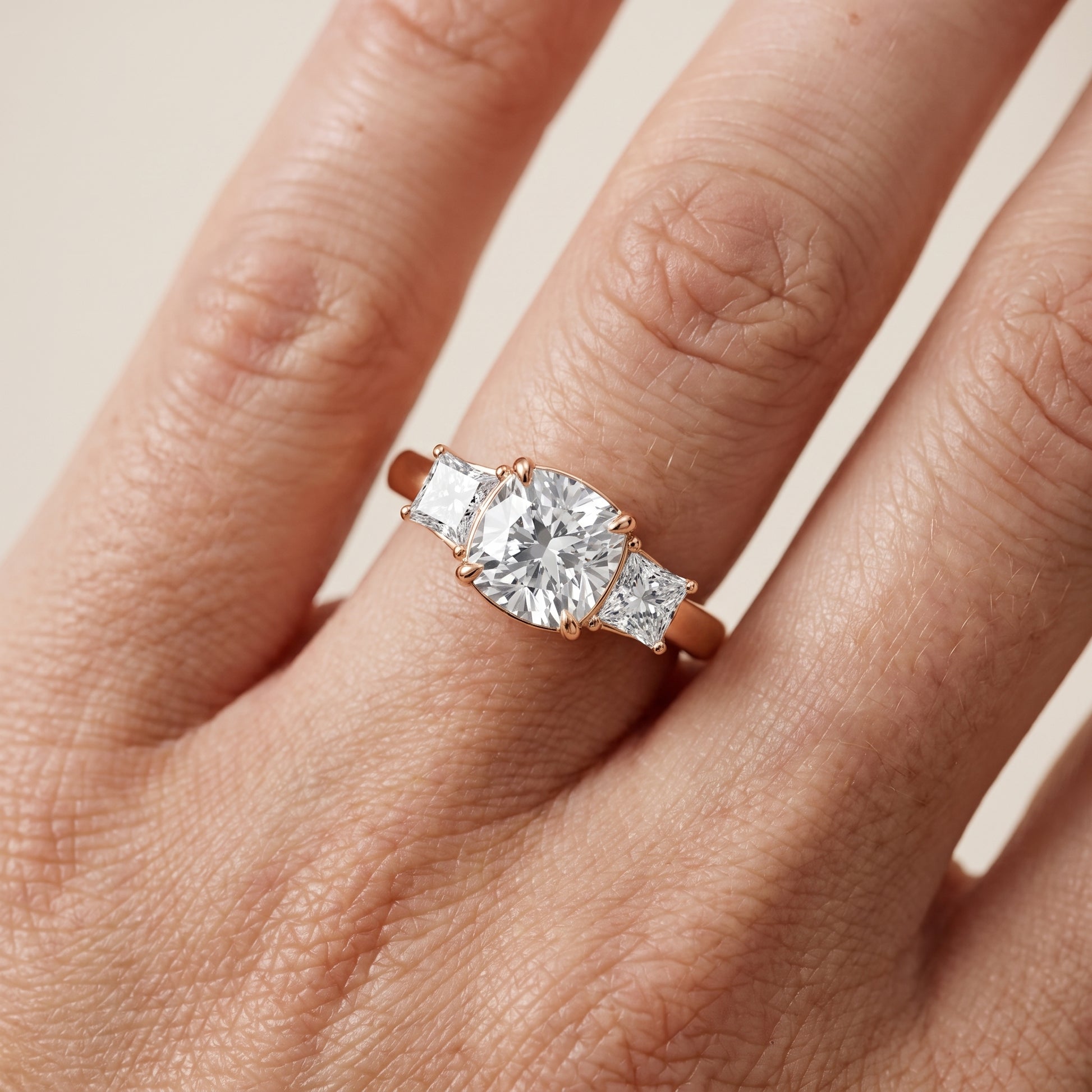 Selena Three-Stone Basket Cushion Diamond Ring in Rose Gold - lifestyle.jpg