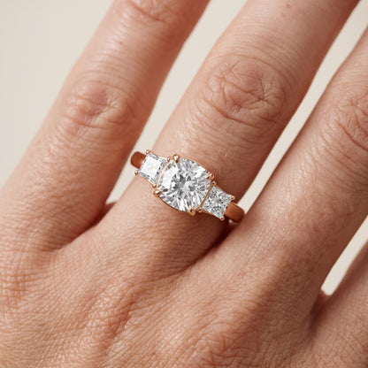Selena Three-Stone Basket Cushion Diamond Ring in Rose Gold - lifestyle.jpg