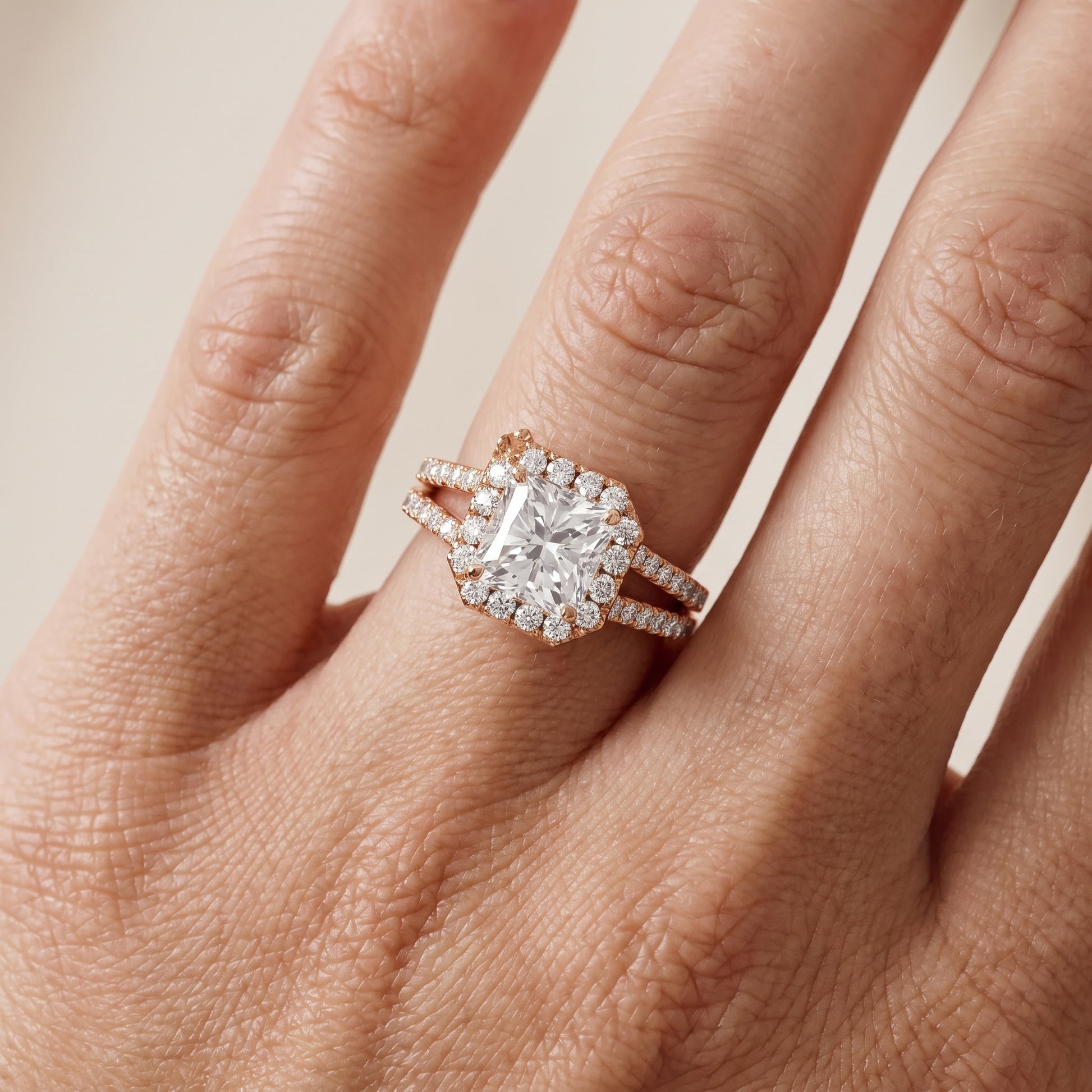Kira Halo Split Shank Radiant Diamond Engagement Ring in Rose Gold - lifestyle.jpg