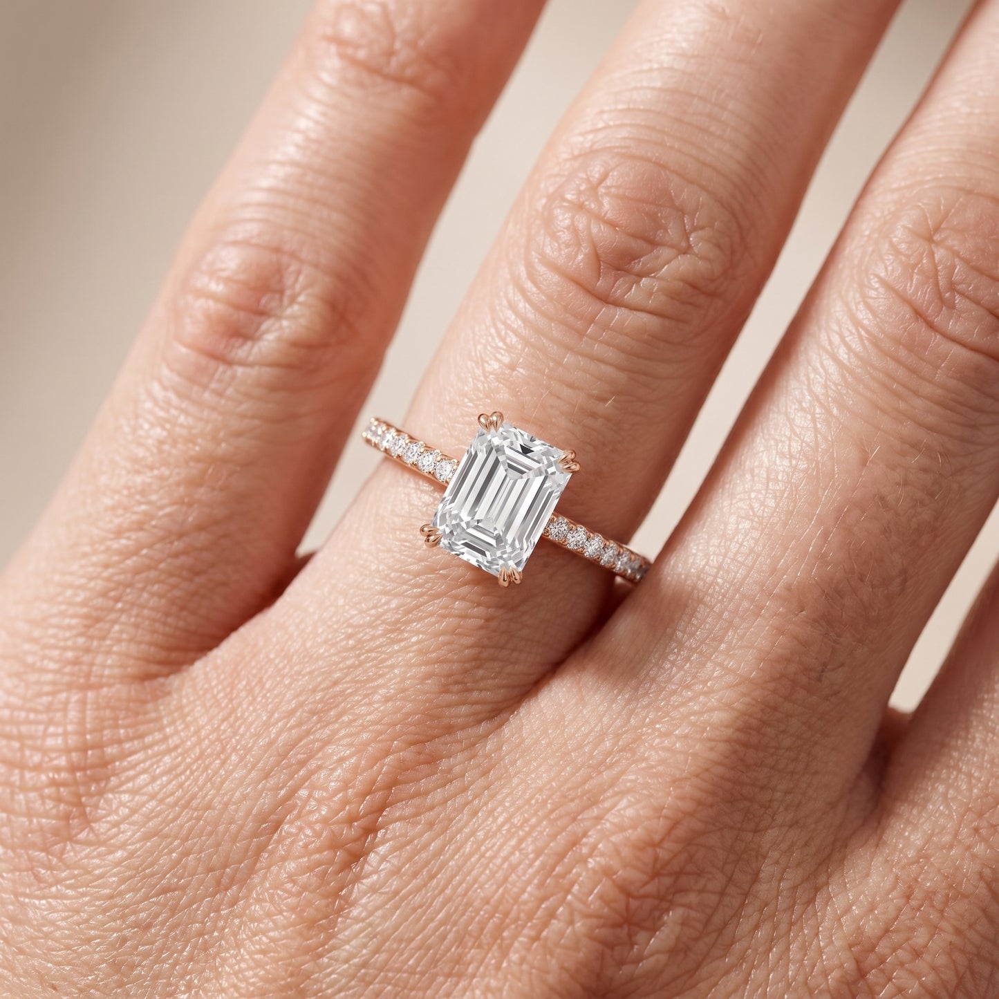 Violet Hidden Halo Pavé Emerald Diamond Ring in Rose Gold - lifestyle.jpg