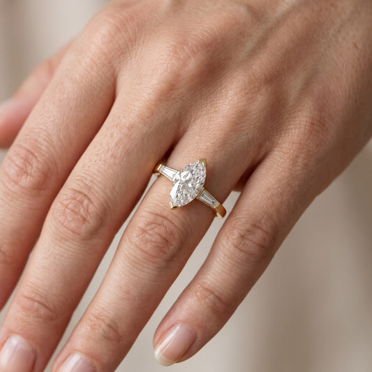 Winnie Three-Stone Marquise Diamond Engagement Ring in Yellow Gold - lifestyle.jpg