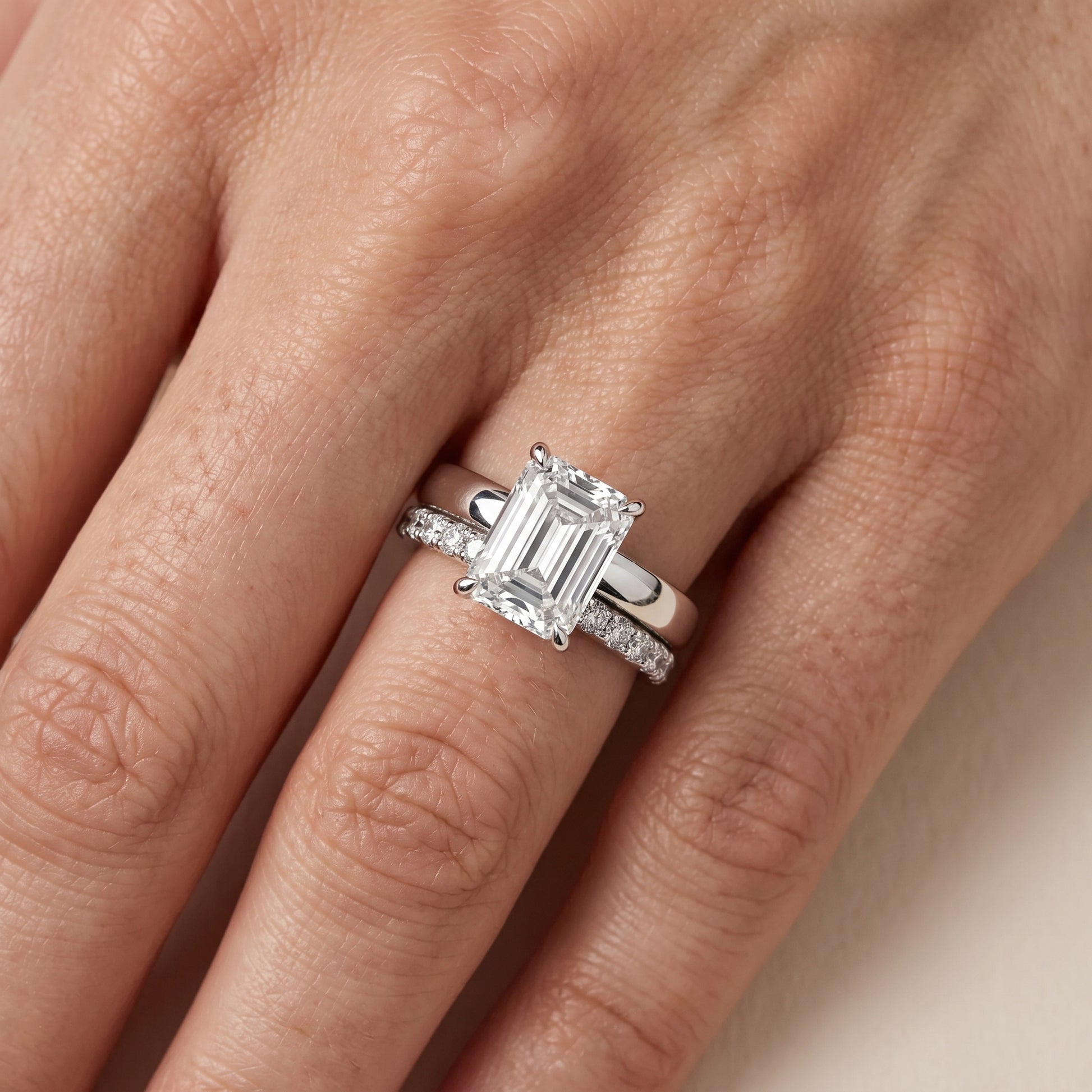 Veda Split Shank Pavé Emerald Diamond Engagement Ring in Silver - lifestyle.jpg
