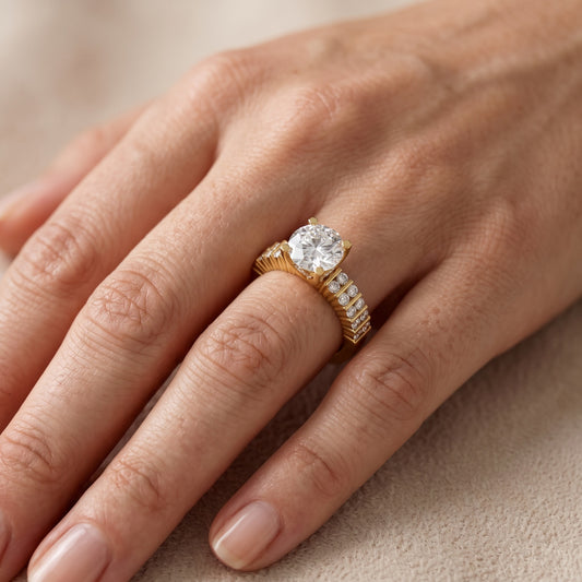 Honor Sidestone Round Diamond Engagement Ring in Yellow Gold - lifestyle.jpg