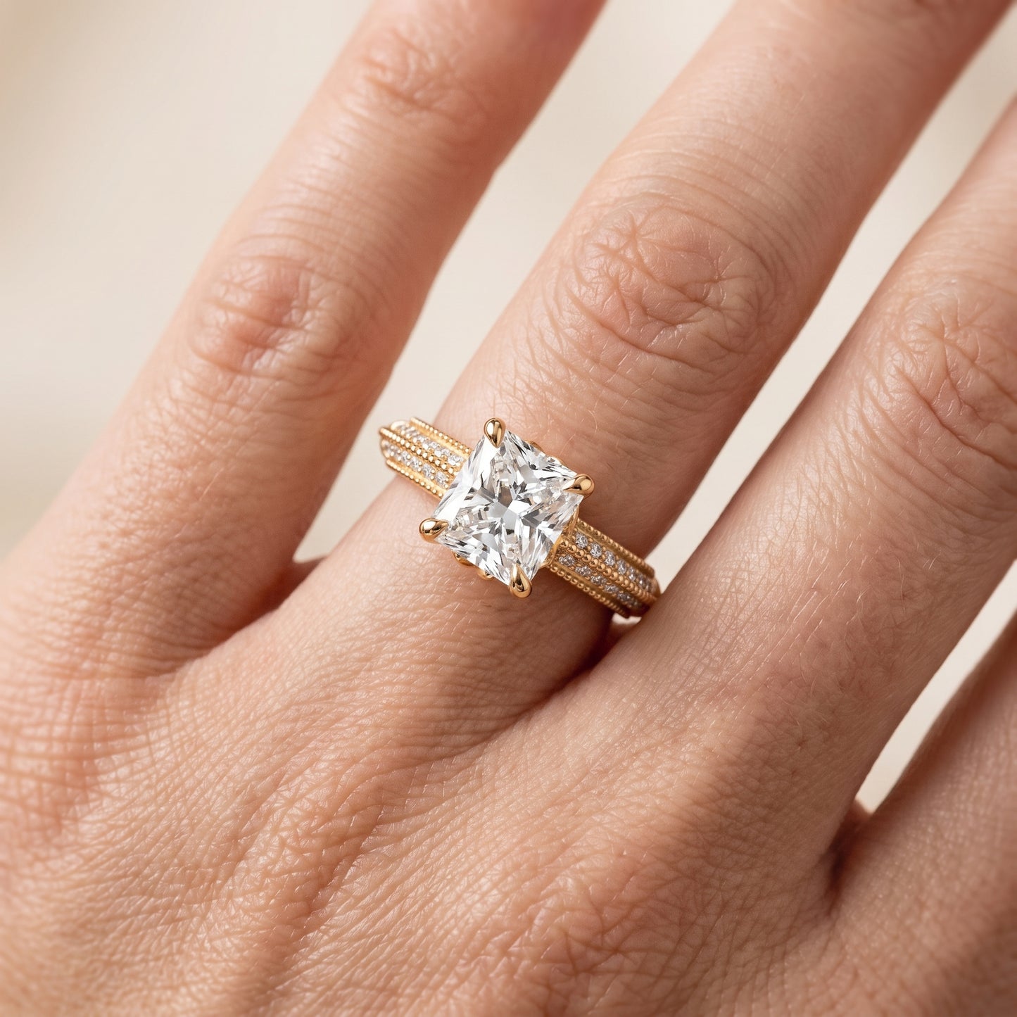 Indie Vintage Milgrain Radiant Diamond Engagement Ring in Yellow Gold - lifestyle.jpg