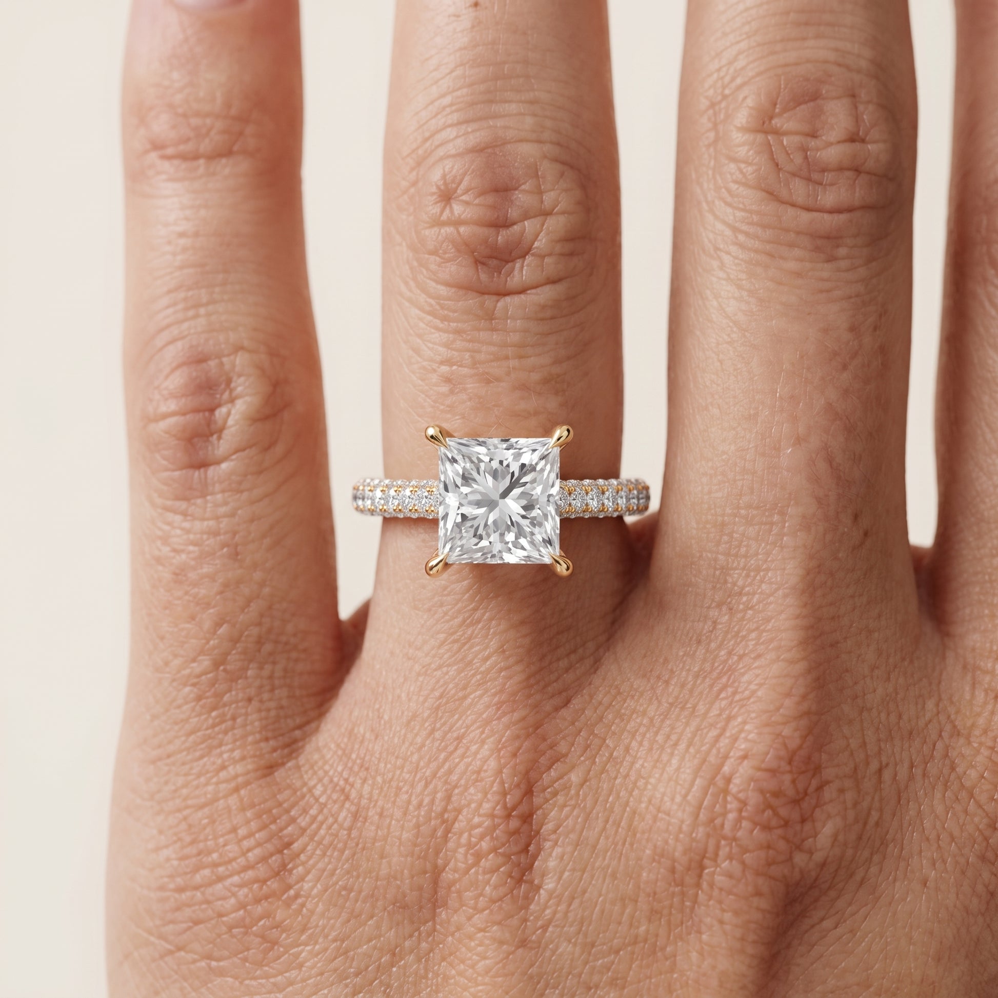 Della Hidden Halo Pavé Princess Diamond Engagement Ring in Yellow Gold - lifestyle.jpg