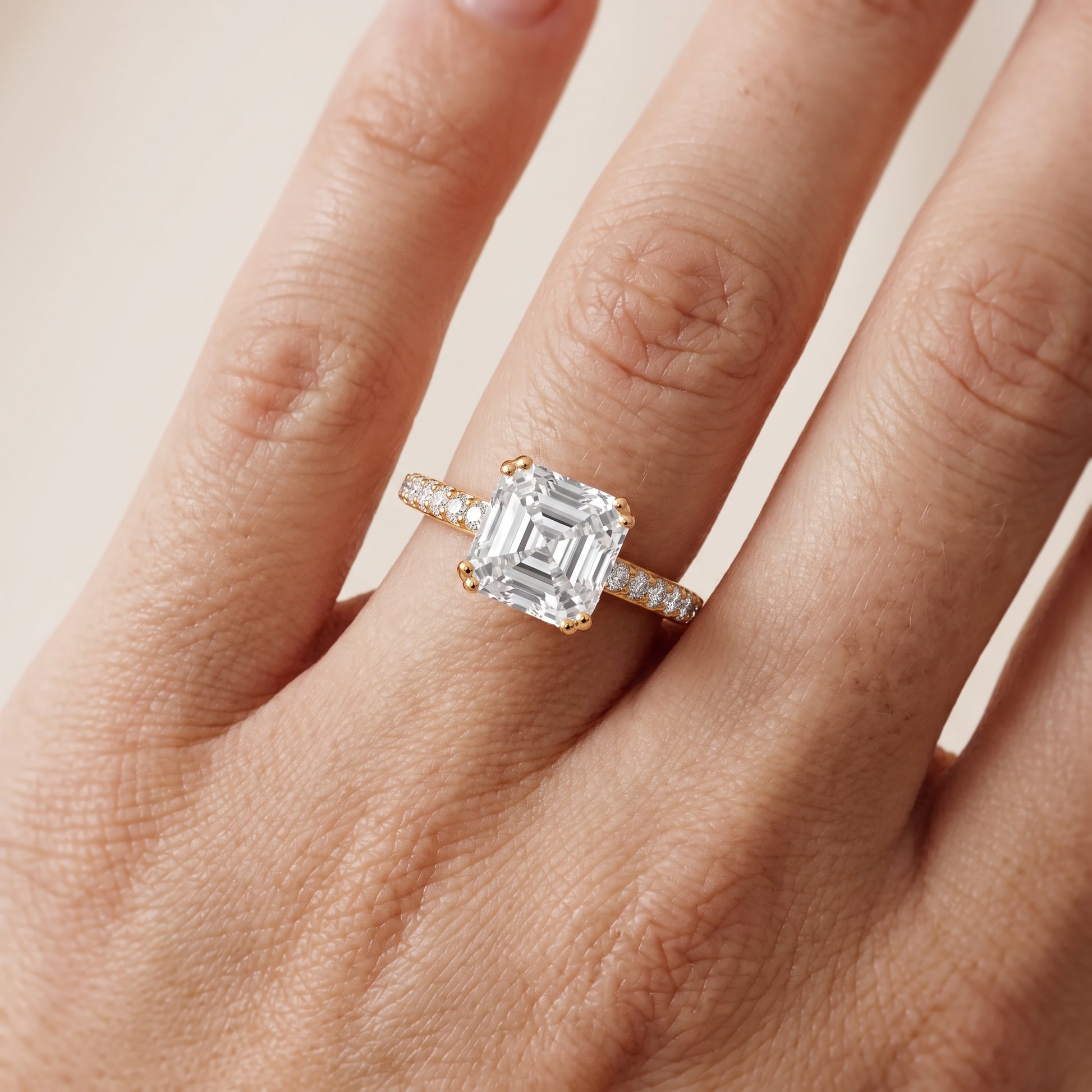 Violet Hidden Halo Pavé Asscher Diamond Ring in Yellow Gold - lifestyle.jpg