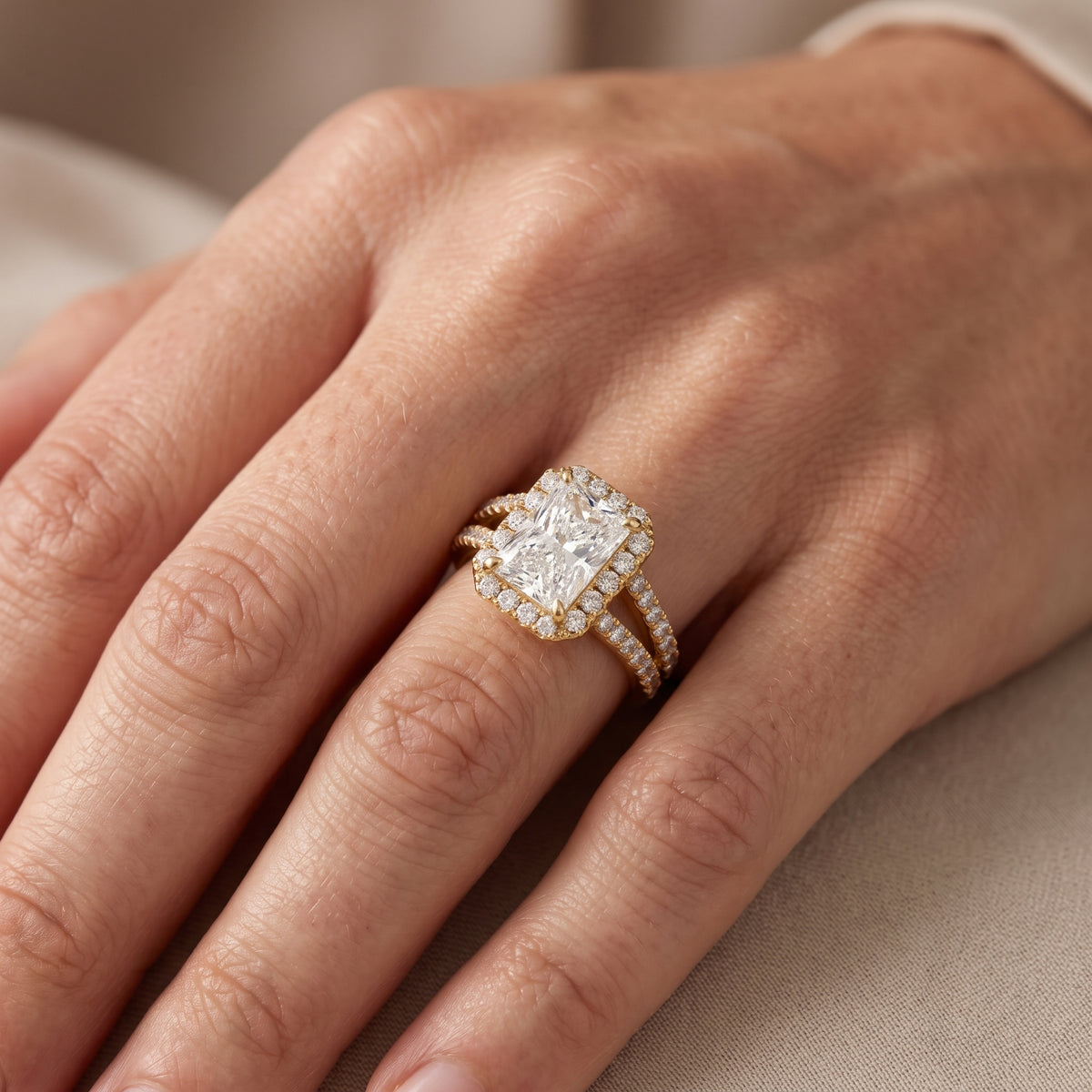 Kira Halo Split Shank Radiant Diamond Engagement Ring in Yellow Gold - lifestyle.jpg
