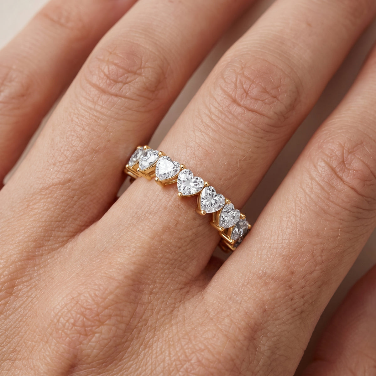 Tova Shared Prong Heart & Cushion Diamond Eternity Band in Yellow Gold - lifestyle.jpg