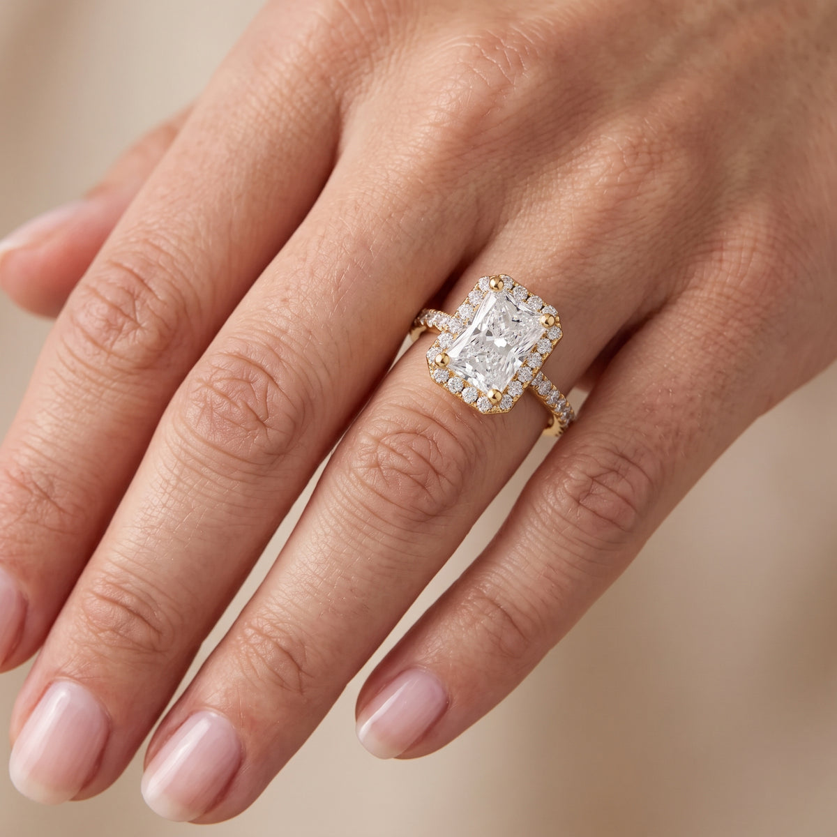 Sophie Halo Pavé Radiant Diamond Engagement Ring in Yellow Gold - lifestyle.jpg