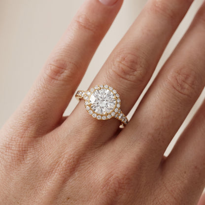 Bella Halo Pavé Round Diamond Engagement Ring in Yellow Gold - lifestyle.jpg