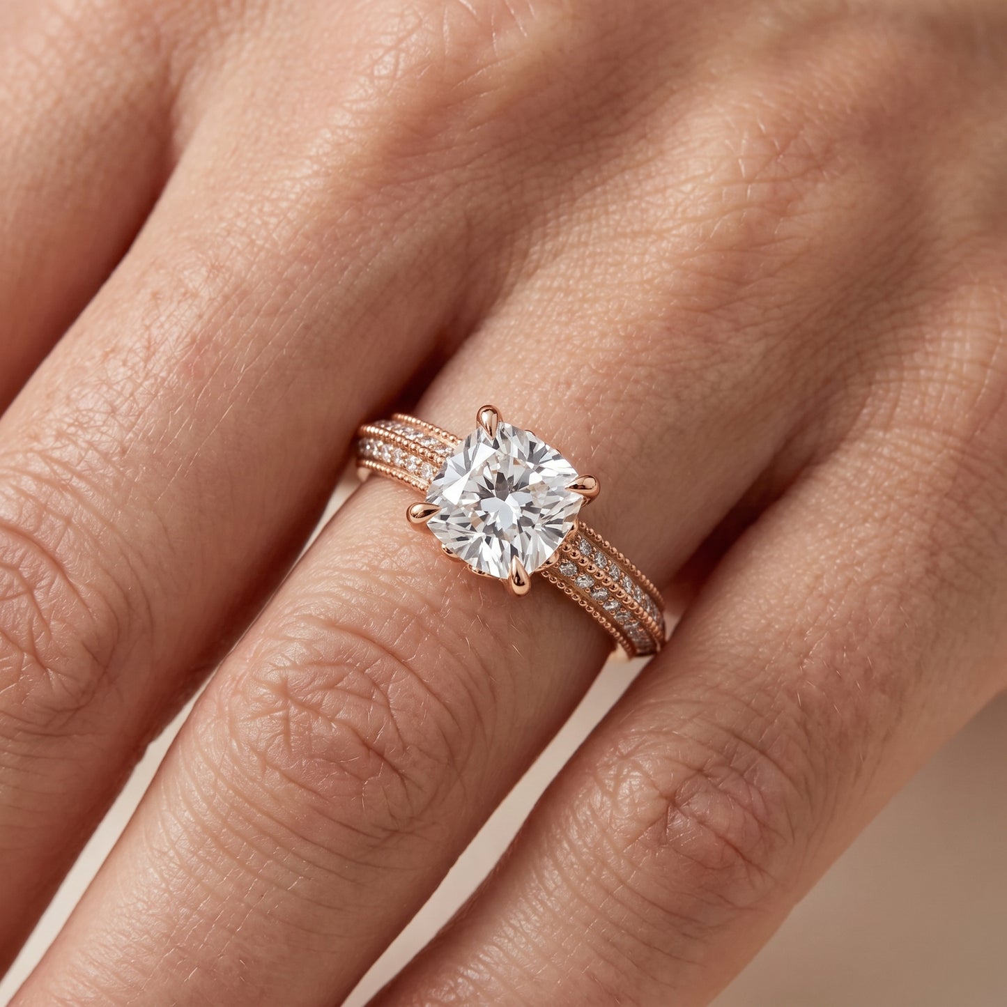 Indie Vintage Milgrain Cushion Diamond Engagement Ring in Rose Gold - lifestyle.jpg