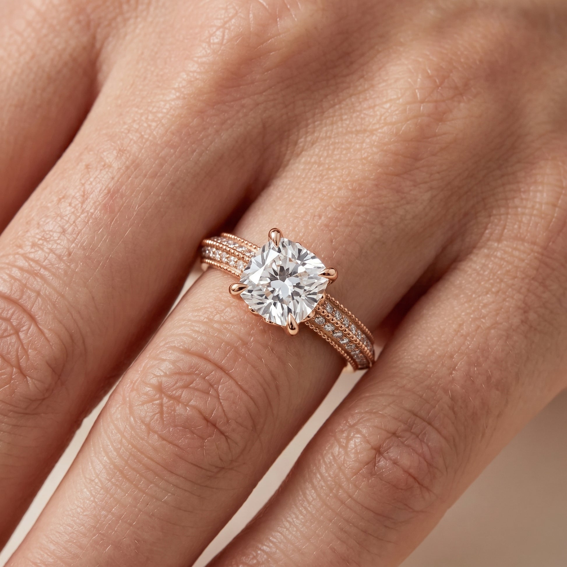 Indie Vintage Milgrain Cushion Diamond Engagement Ring in Rose Gold - lifestyle.jpg