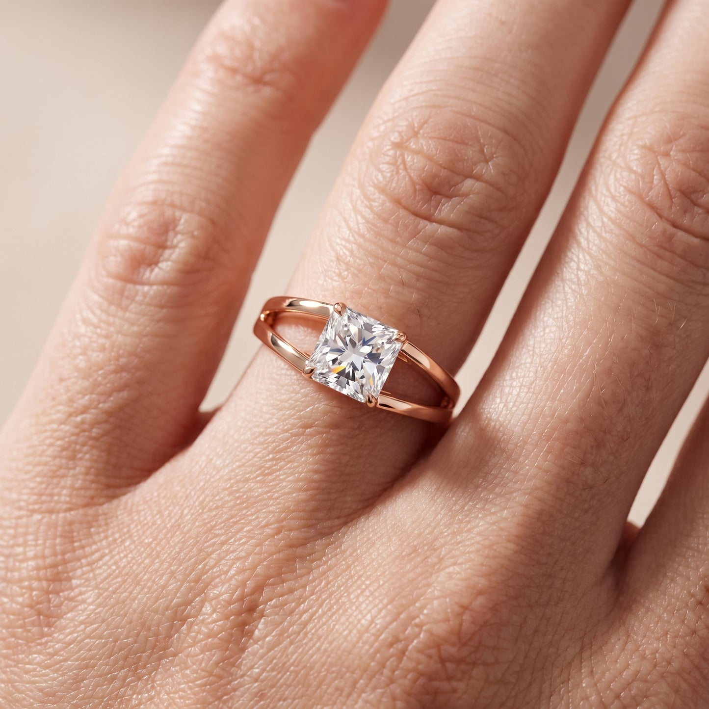 Giselle Solitaire Split Shank Radiant Diamond Engagement Ring in Rose Gold - lifestyle.jpg