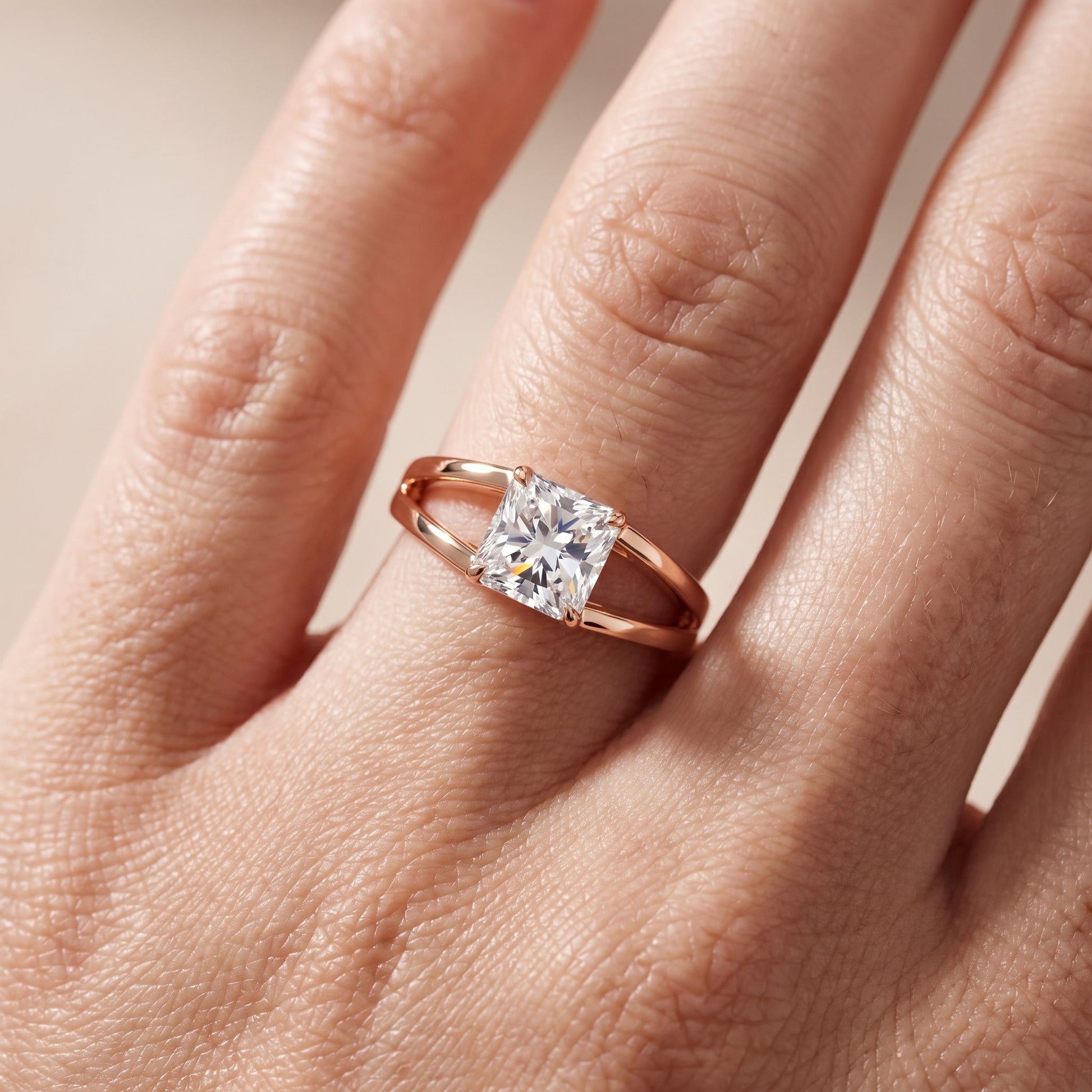 Giselle Solitaire Split Shank Radiant Diamond Engagement Ring in Rose Gold - lifestyle.jpg