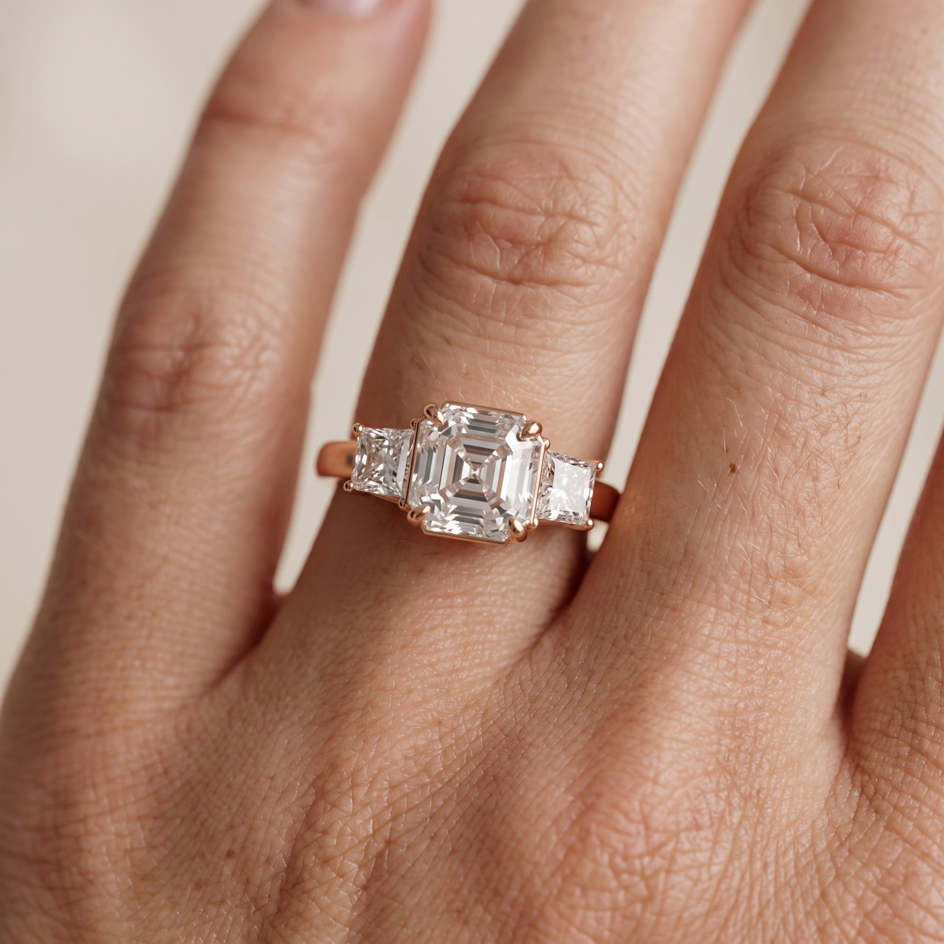 Selena Three-Stone Basket Asscher Diamond Ring in Rose Gold - lifestyle.jpg