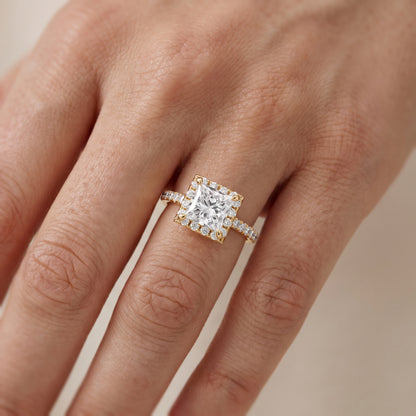 Amara Halo Claw Prong Princess Diamond Ring in Yellow Gold - lifestyle.jpg