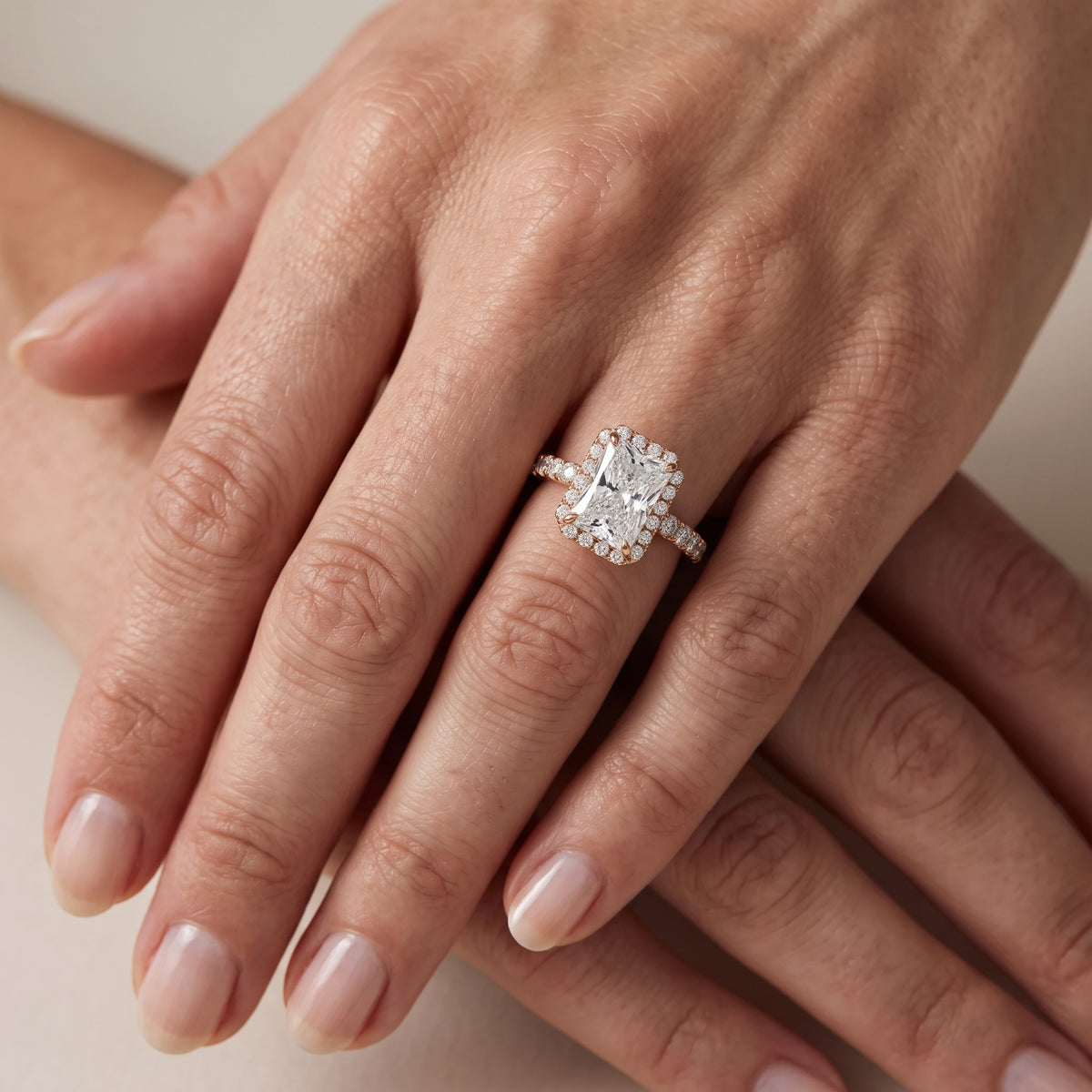 Chloe Halo Pavé Radiant Diamond Engagement Ring in Rose Gold - lifestyle.jpg