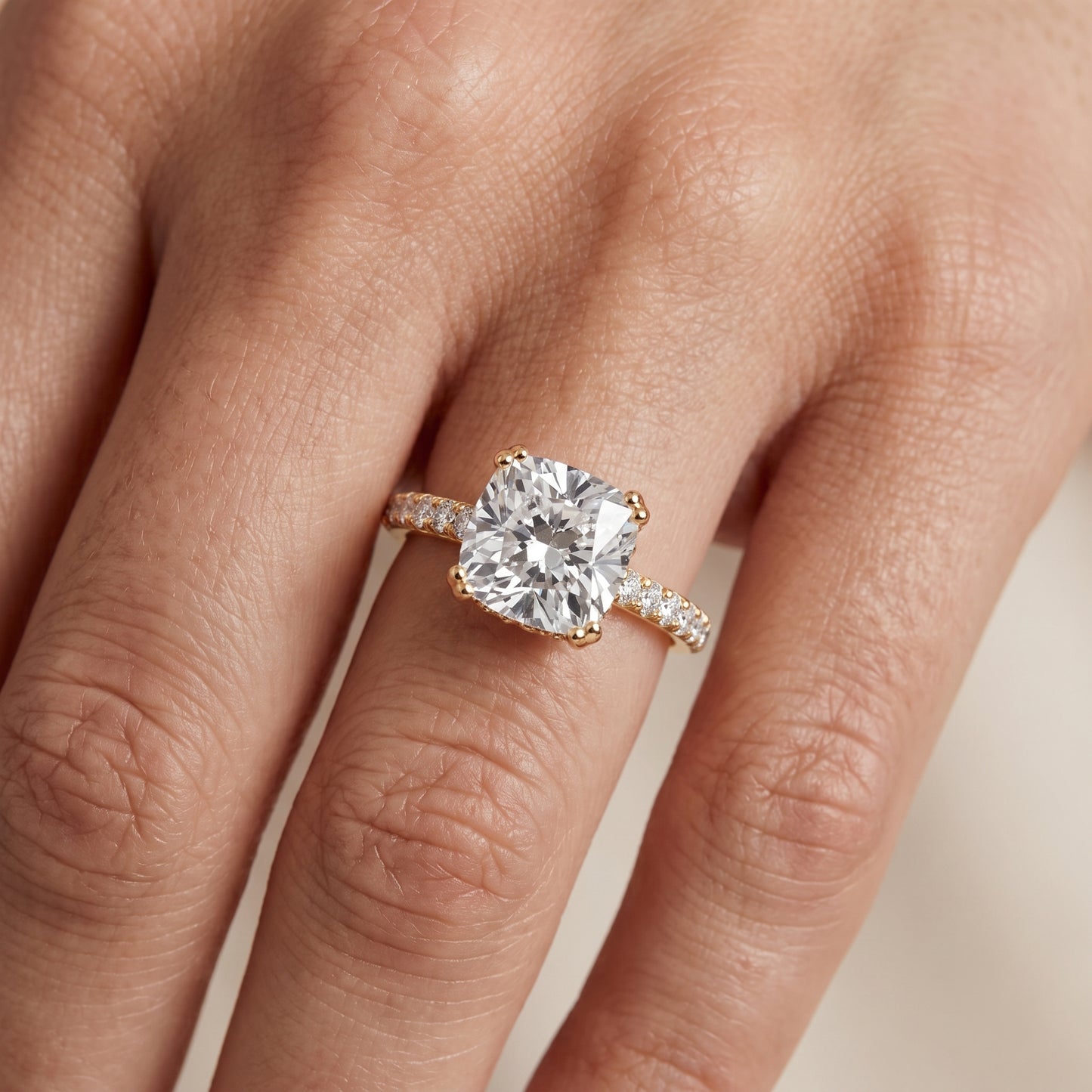 Violet Hidden Halo Pavé Cushion Diamond Ring in Yellow Gold - lifestyle.jpg