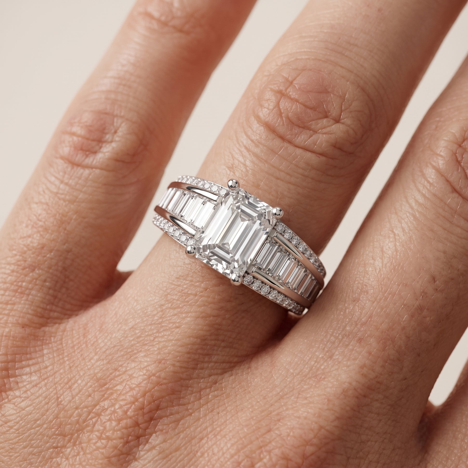 Halle Channel Set Baguette Accent Emerald Diamond Engagement Ring in Platinum - lifestyle.jpg