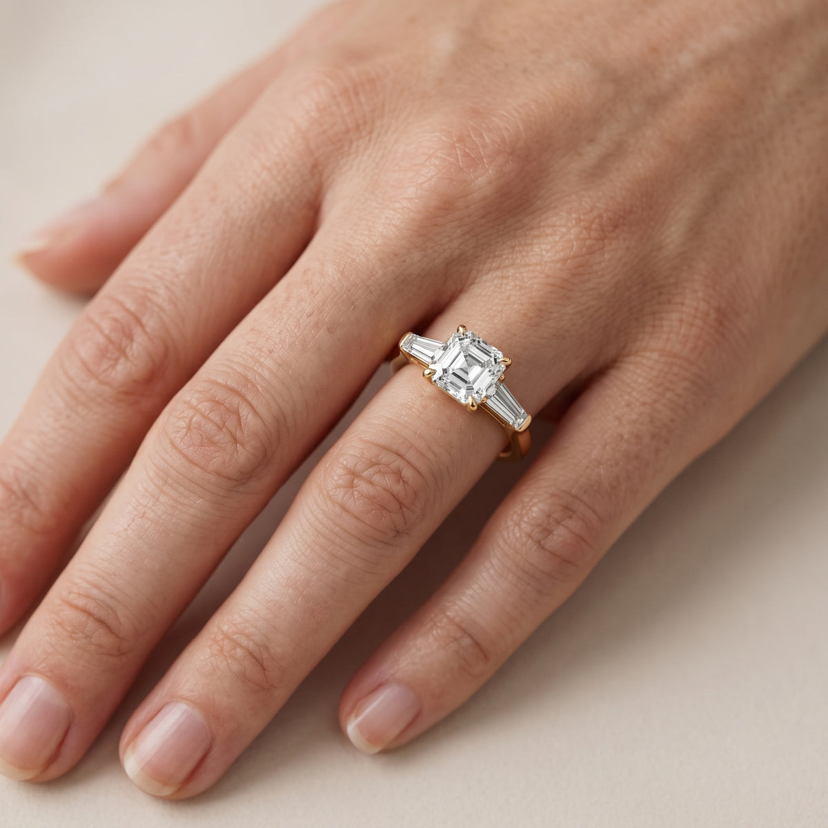 Davina Baguette Three-Stone Asscher Diamond Engagement Ring in Silver - lifestyle.jpg