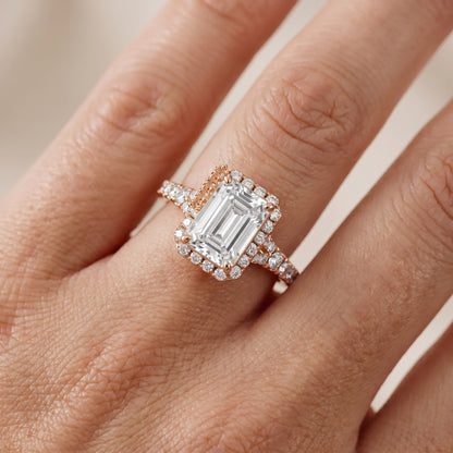 Bella Halo Pavé Emerald Diamond Engagement Ring in Rose Gold - lifestyle.jpg