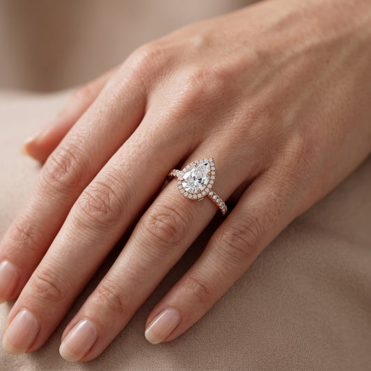 Rosemary Halo Pavé Pear Diamond Engagement Ring in Rose Gold - lifestyle.jpg