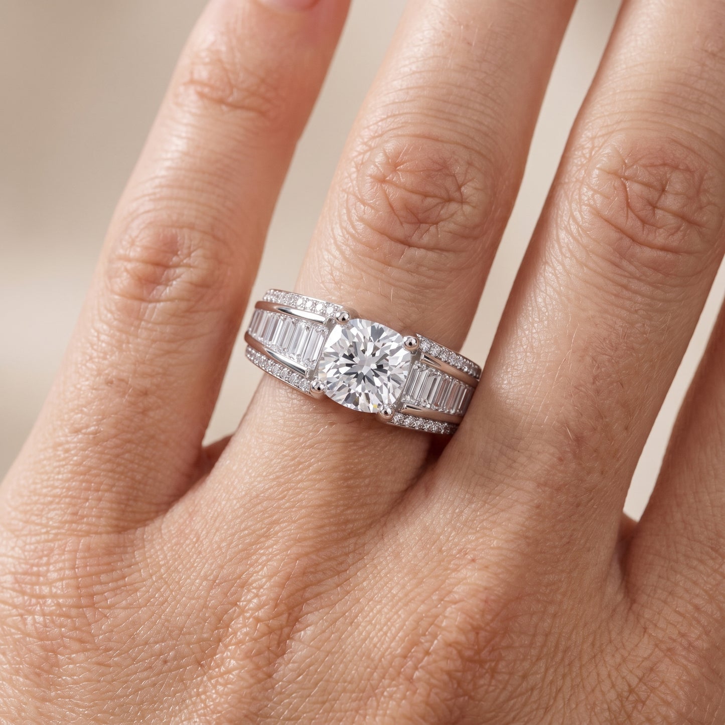 Halle Channel Set Baguette Accent Cushion Diamond Engagement Ring in Platinum - lifestyle.jpg