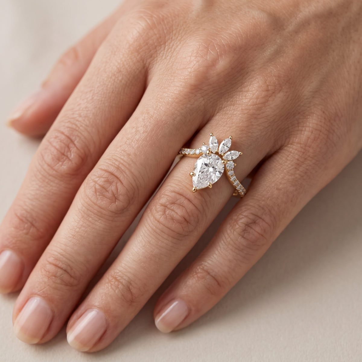 Bianca Crown Cluster Pear Diamond Engagement Ring in Platinum - lifestyle.jpg