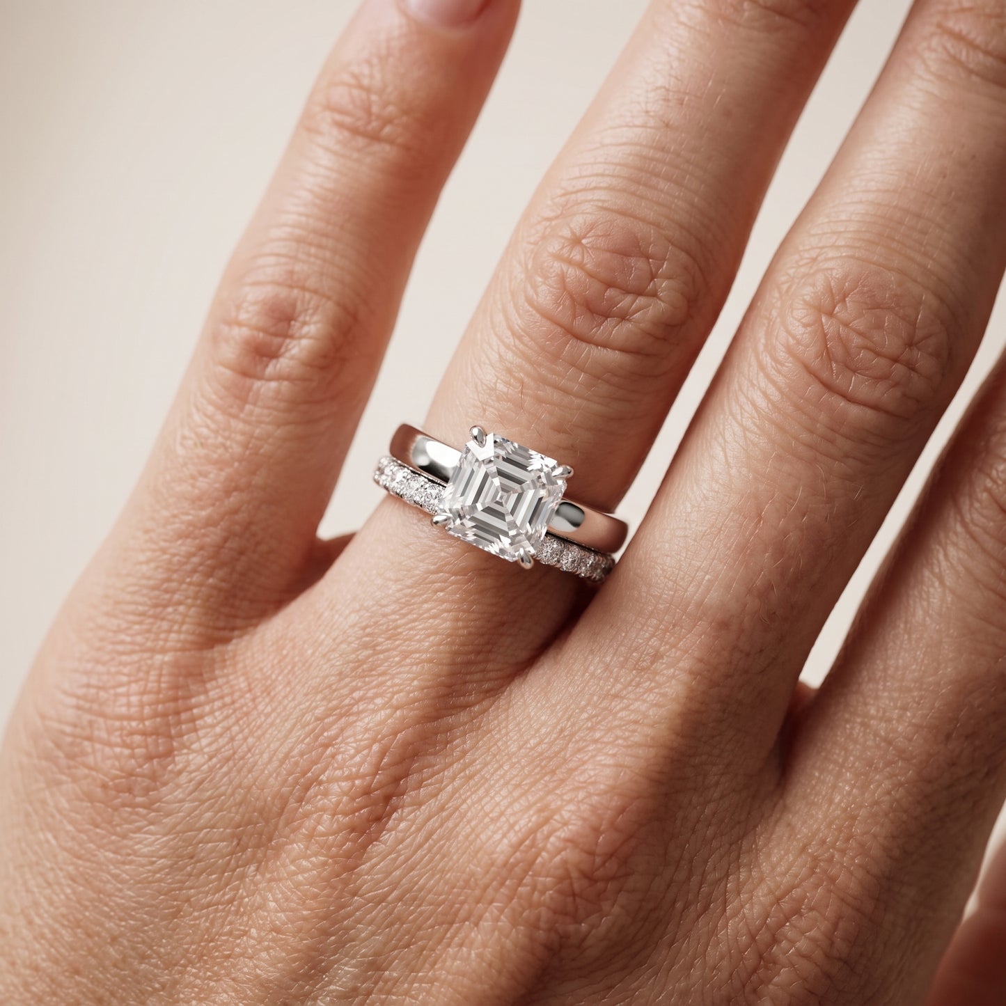 Veda Split Shank Pavé Asscher Diamond Engagement Ring in White Gold - lifestyle.jpg