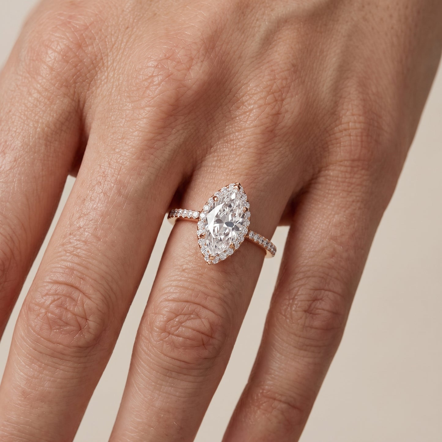 Alma Halo Pavé Marquise Diamond Ring in Rose Gold - lifestyle.jpg